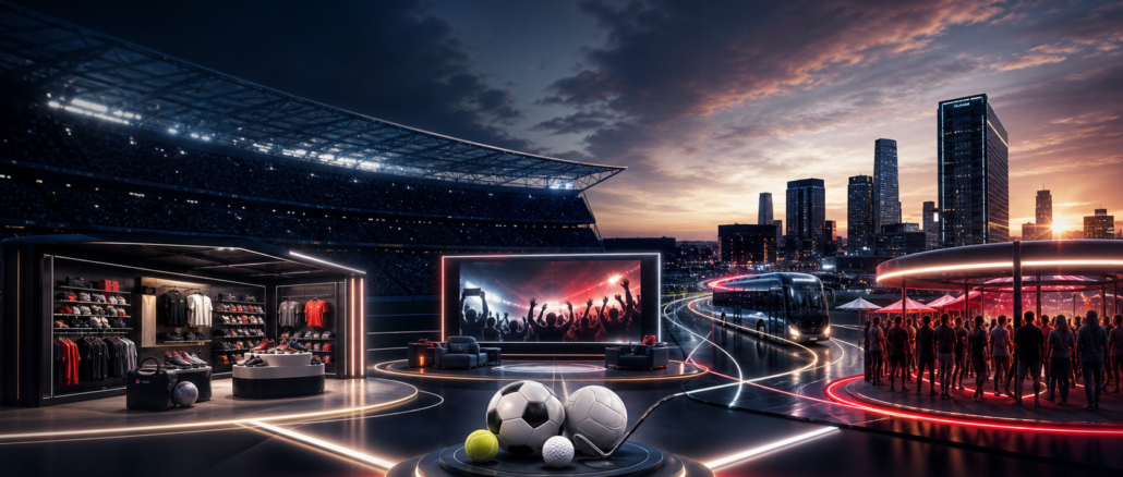 Marketing sportif en août 2026 illustré par un stade relié au retail, aux médias, à la mobilité et à l’expérience des supporters