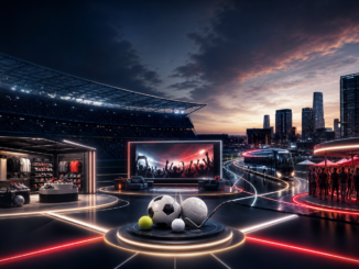 Marketing sportif en août 2026 illustré par un stade relié au retail, aux médias, à la mobilité et à l’expérience des supporters