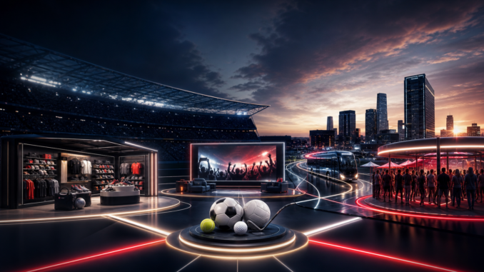 Marketing sportif en août 2026 illustré par un stade relié au retail, aux médias, à la mobilité et à l’expérience des supporters