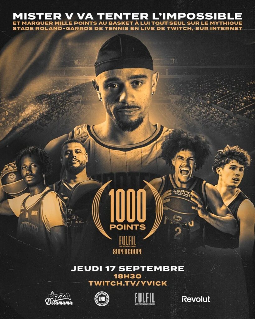 Affiche du défi des mille points de Mister V en direct sur Twitch avant la Supercoupe LNB