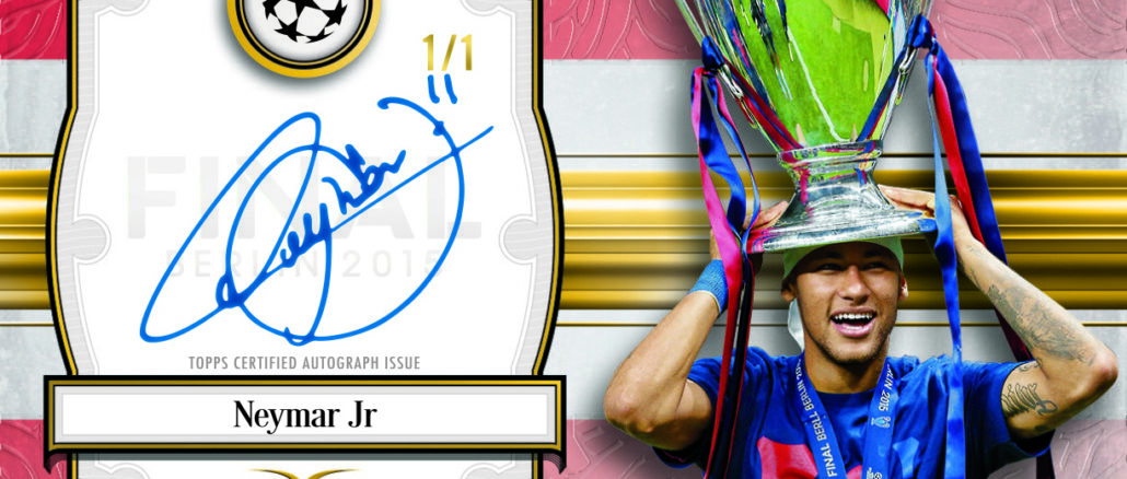 Carte Topps signée par Neymar Jr., exemplaire unique, avec le joueur soulevant la Ligue des champions en 2015 à Berlin
