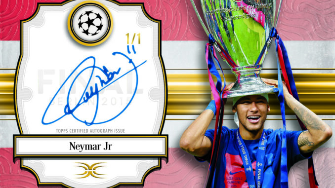Carte Topps signée par Neymar Jr., exemplaire unique, avec le joueur soulevant la Ligue des champions en 2015 à Berlin