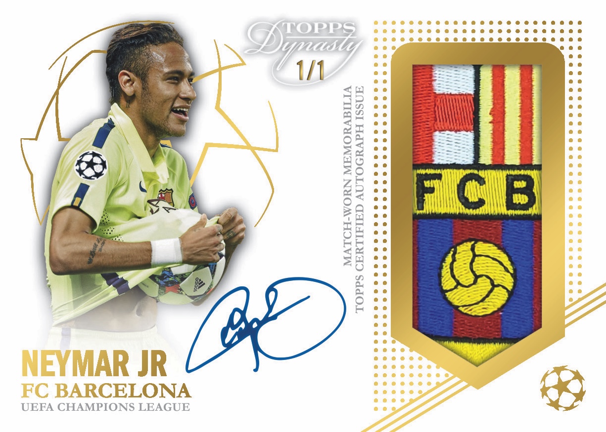 Carte Topps Dynasty de Neymar Jr. avec son autographe et l'écusson d'un maillot du FC Barcelone porté en match