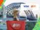 Trophée de la Coupe du monde de rugby devant le Harbour Bridge de Sydney, avec les logos Visa et Australie 2027.