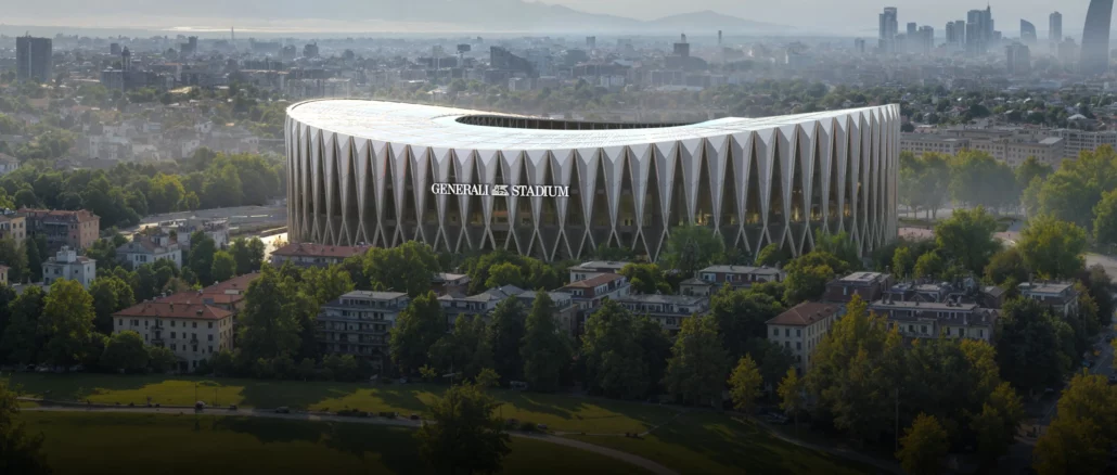 Image de synthèse du Generali Stadium, futur stade de l'Inter et de l'AC Milan, avec le nom Generali sur la façade