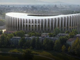 Image de synthèse du Generali Stadium, futur stade de l'Inter et de l'AC Milan, avec le nom Generali sur la façade