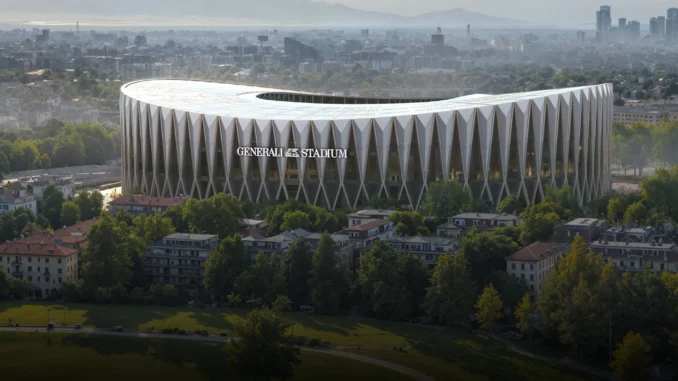 Image de synthèse du Generali Stadium, futur stade de l'Inter et de l'AC Milan, avec le nom Generali sur la façade