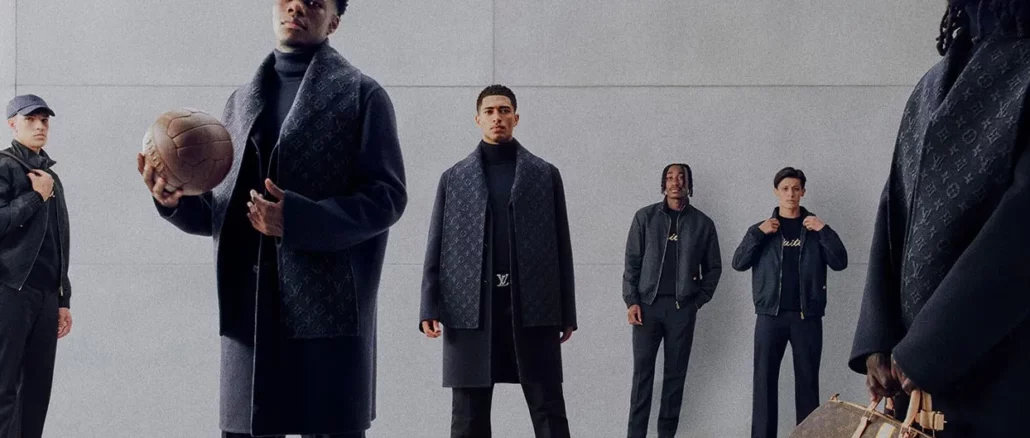 Joueurs du Real Madrid en manteaux, écharpes Monogram et bagages Louis Vuitton, campagne de la collection 2026-2027