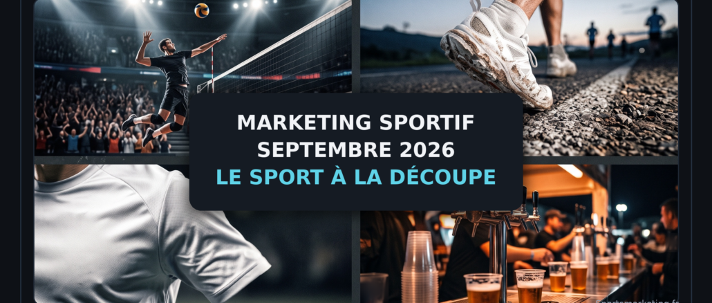 Mosaïque illustrant le marketing sportif de septembre 2026 : volley, course à pied, manche de maillot et comptoir de stade