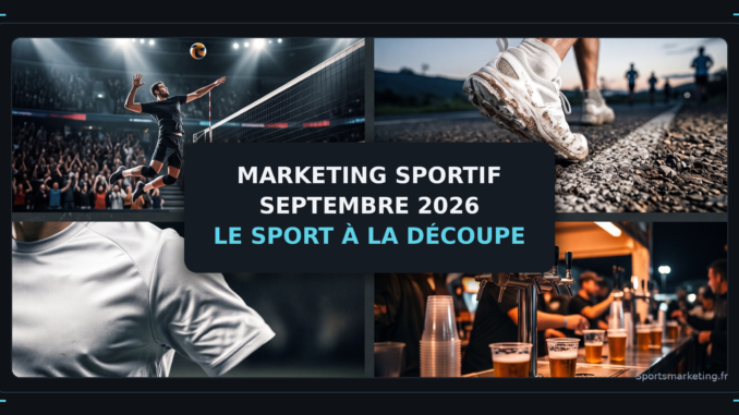 Mosaïque illustrant le marketing sportif de septembre 2026 : volley, course à pied, manche de maillot et comptoir de stade