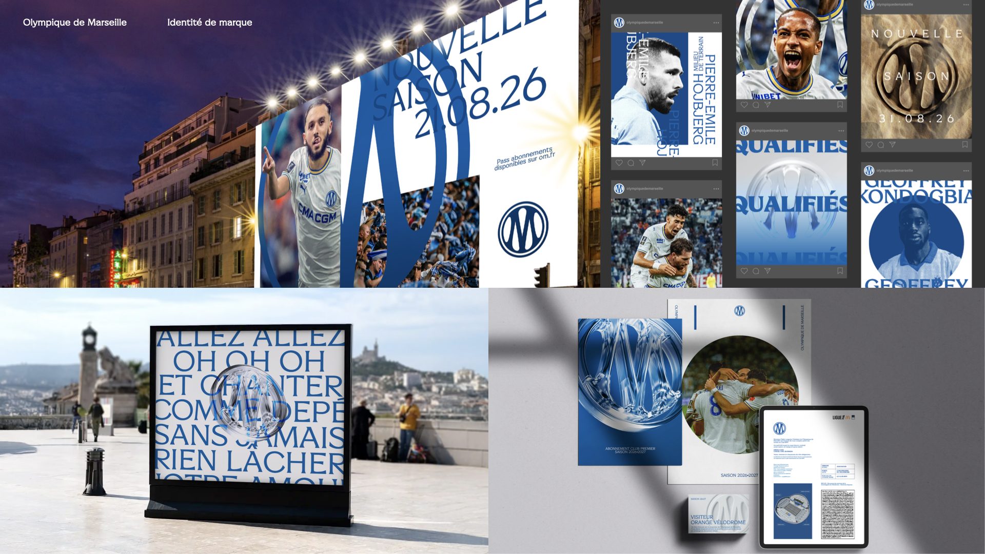 Déclinaisons de la nouvelle identité de l'OM sur une façade, des publications Instagram et un panneau du Vieux-Port