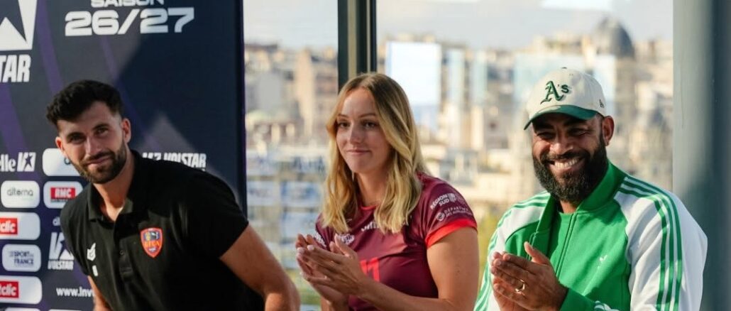 Florian Lacassie, Camille Masuelle et Earvin Ngapeth au Média Day VOLSTAR de la Ligue Nationale de Volley à Paris