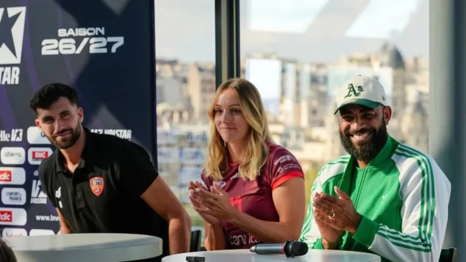 Florian Lacassie, Camille Masuelle et Earvin Ngapeth au Média Day VOLSTAR de la Ligue Nationale de Volley à Paris