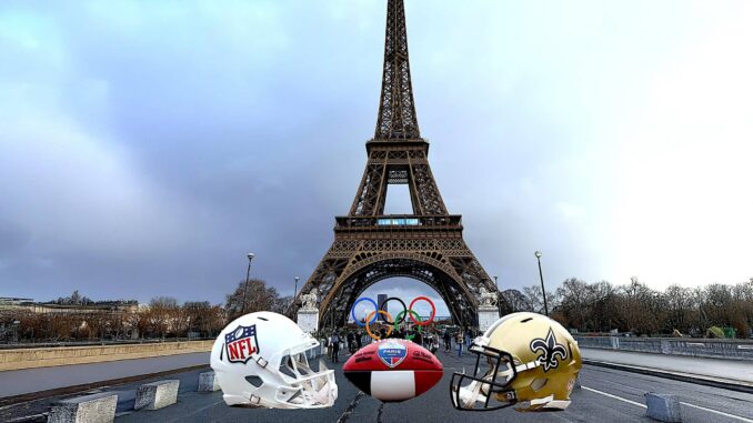 Casques de la NFL et des New Orleans Saints et ballon du NFL Paris Game devant la tour Eiffel